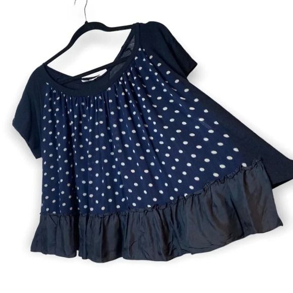 HACHE Wool  Navy Blue Polka Dot Loose Fit Ruffle Hem Top - Picture 1 of 8